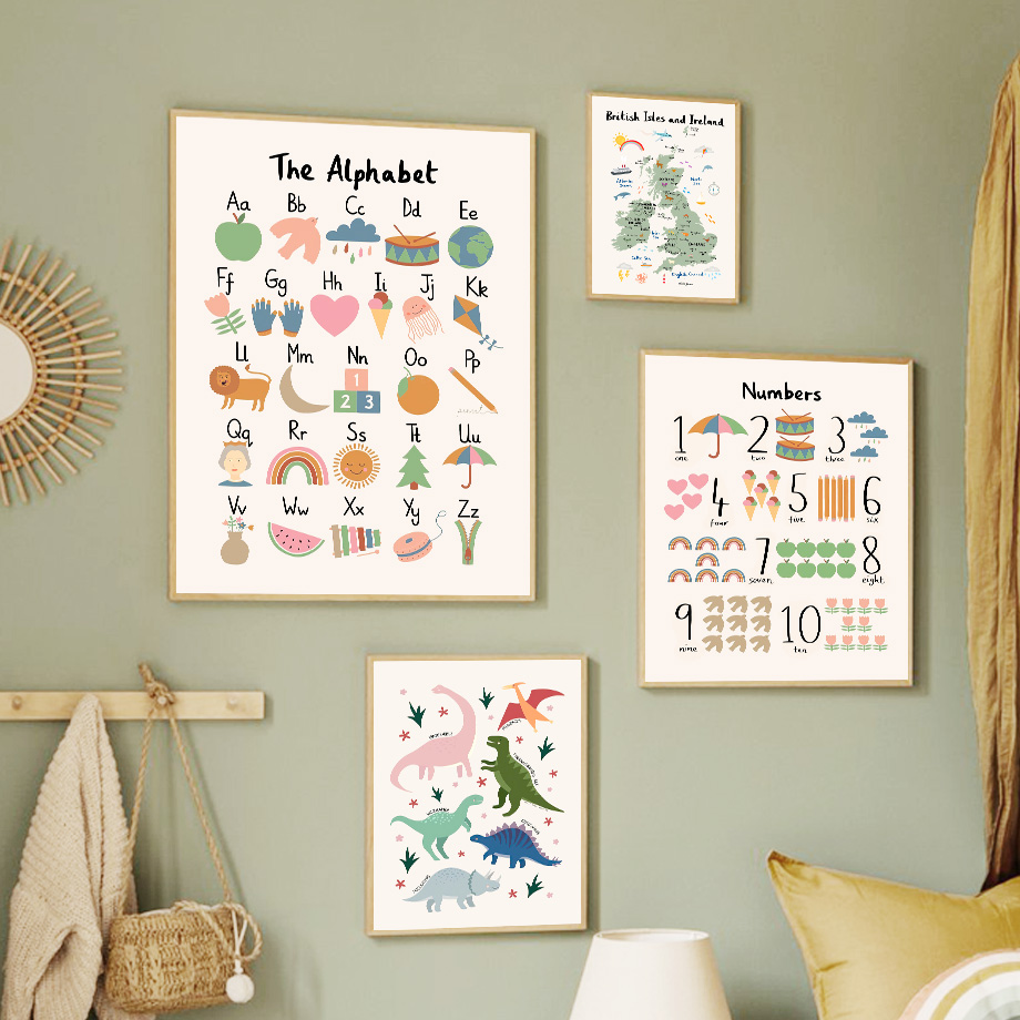 Baby Nursery Home - Mapa Świata Zwierząt Alfabet Dinozaurów Cyfry