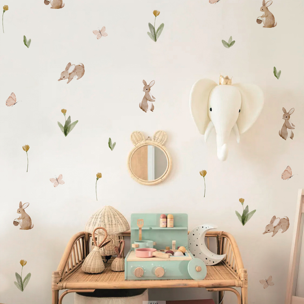 Baby Nursery Stickers - Letnia akwarela Śliczne króliczki i kwiaty