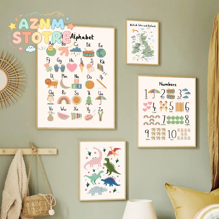 Baby Nursery Design - Mapa świata zwierząt, dinozaury, alfabet, cyfry